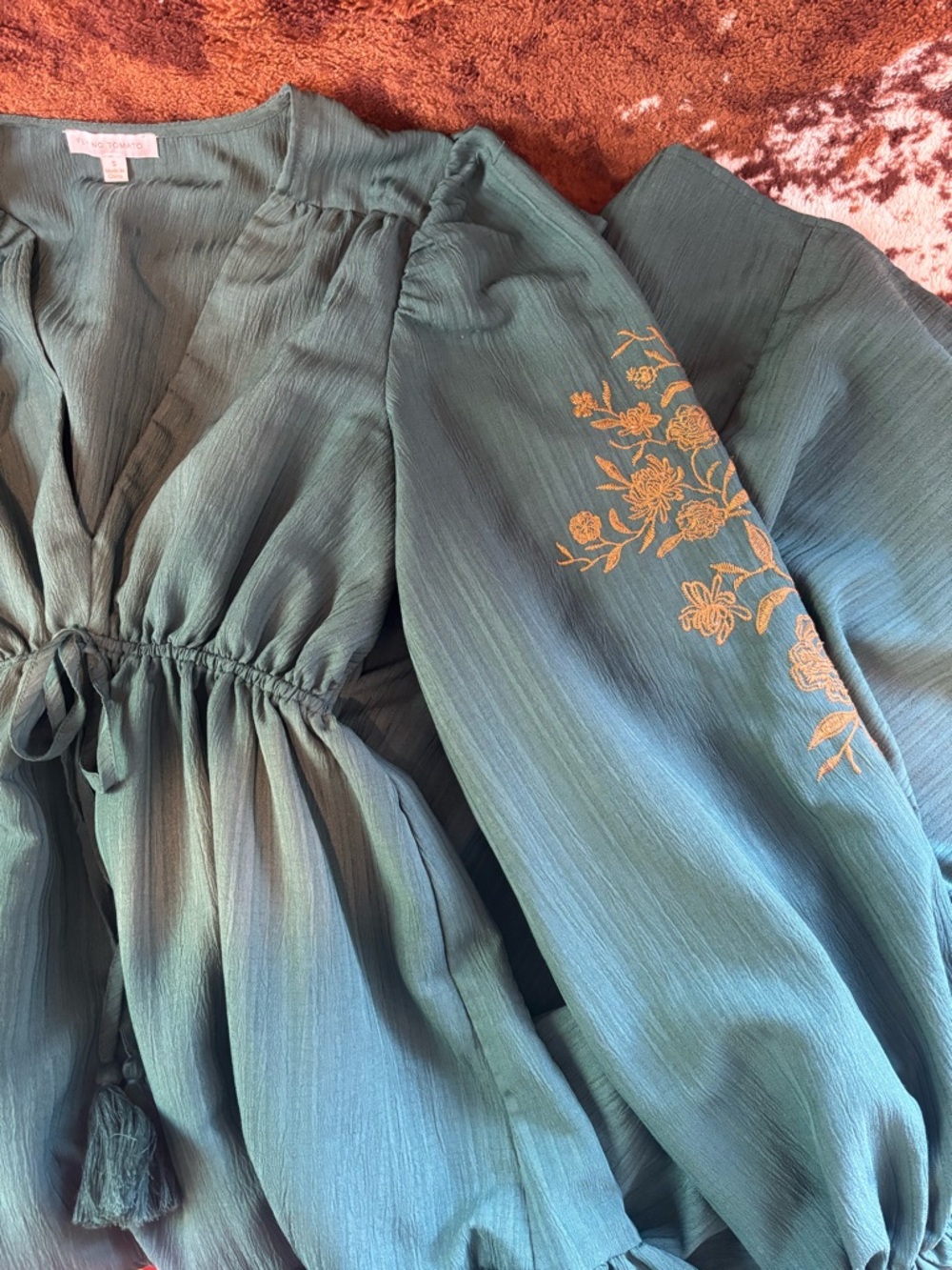 Flying Tomato dark green dress with gold embroidered sleeves